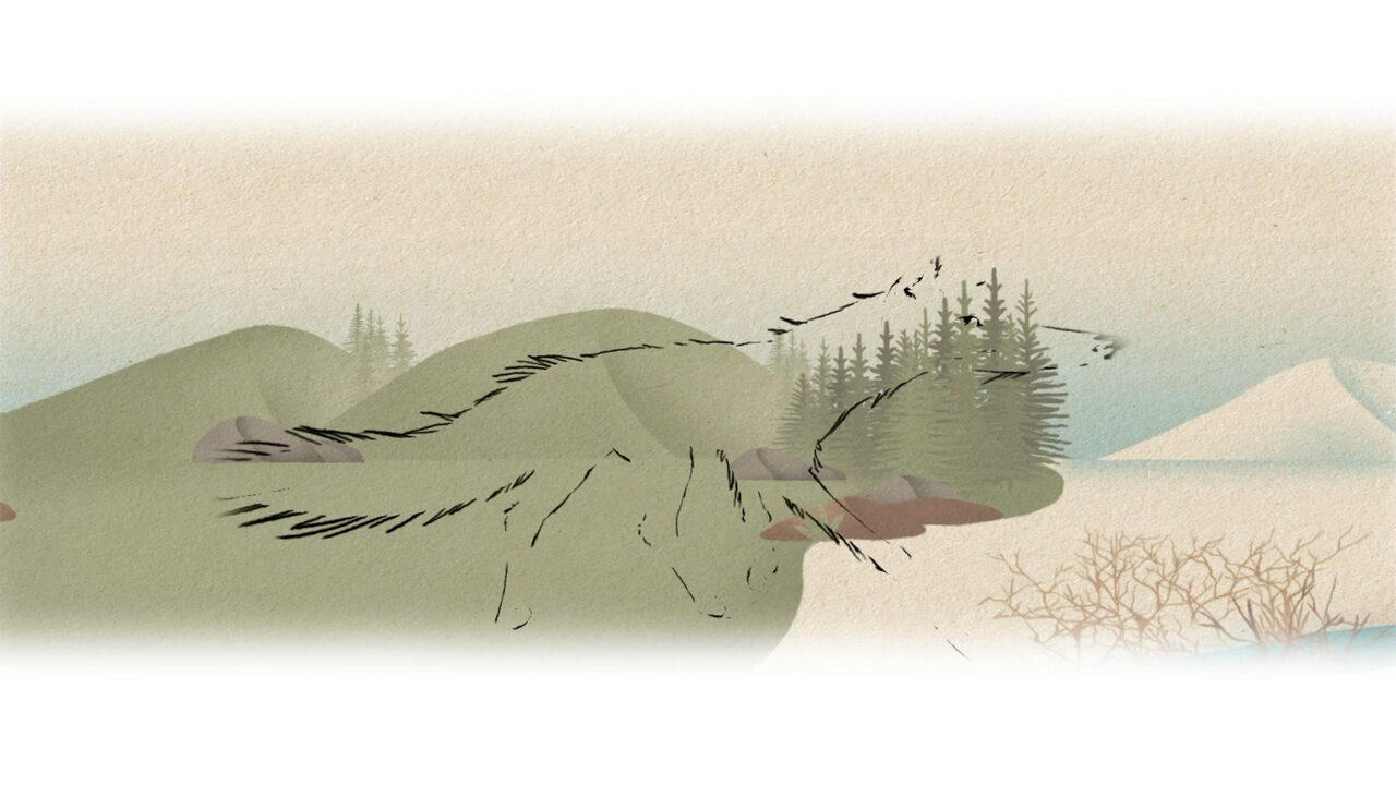 Illustrated fox moving through a watercolor landscape